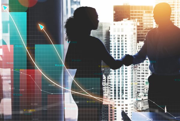 Silhouette, handshake and business people with overlay of data analysis success and company growth from teamwork. Partnership, agreement and employees with graphs, sales and deal strategy in meeting